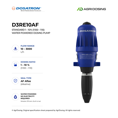 Dosatron D3RE10AF water powered dosing pump with detailed specifications, showcasing its compact design and control panel.