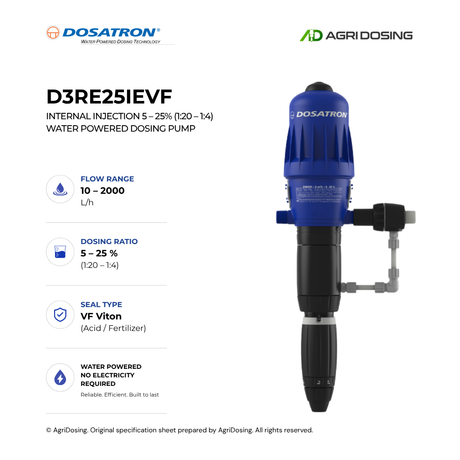 Dosatron D3RE25IEVF water-powered dosing pump with internal injection, showing detailed specifications and control panel.