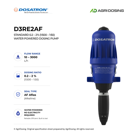 Dosatron D3RE2AF water powered dosing pump with detailed specifications, showing control panel and pump components.