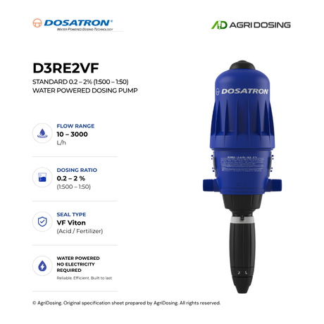 Dosatron D3RE2VF water powered dosing pump with detailed specifications, featuring digital display and robust construction.