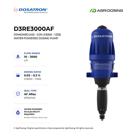 Dosatron D3RE3000AF water-powered dosing pump with detailed specifications, showcasing its compact and durable design.