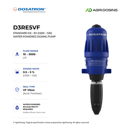 Dosatron D3RE5VF water-powered dosing pump with detailed specifications, showing the pump's components and controls.