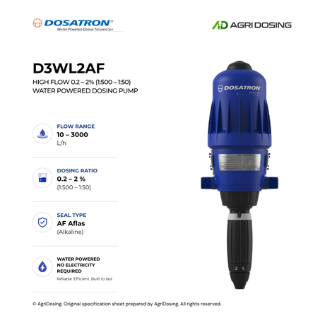 Dosatron D3WL2AF high flow water-powered dosing pump with detailed specifications, showcasing its compact design and control panel.