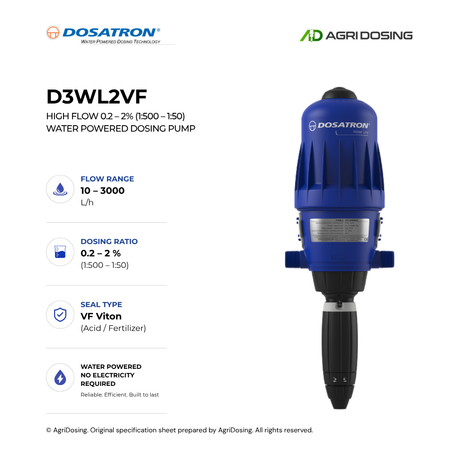 Dosatron D3WL2VF high flow water-powered dosing pump with detailed specifications, showcasing its compact design and control features.