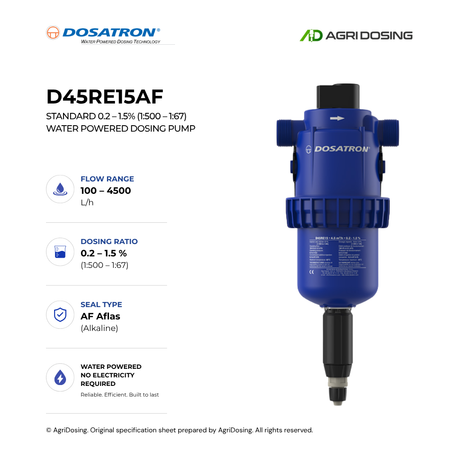 Dosatron D45RE15AF water-powered dosing pump with detailed specifications, featuring compact design and control panel.