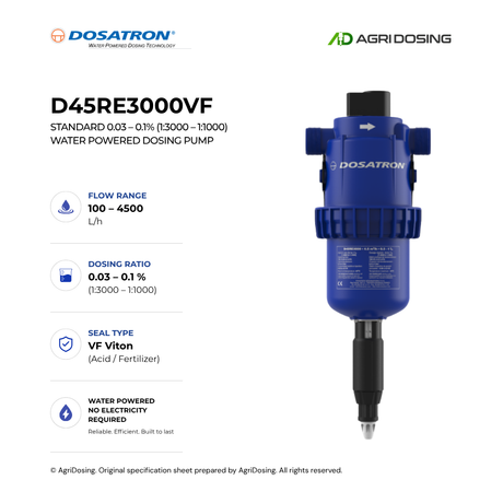 Dosatron D45RE3000VF water powered dosing pump with detailed specifications, featuring a compact design and precise flow control.