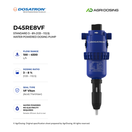 Dosatron D45RE8VF water powered dosing pump showing detailed specifications and components in a technical diagram.