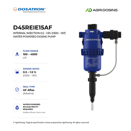 Dosatron D45REIE15AF water-powered dosing pump with detailed internal injection components and control panel.