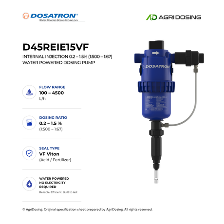 Dosatron D45REIE15VF water-powered dosing pump with internal injection system, detailed specifications visible in the image.