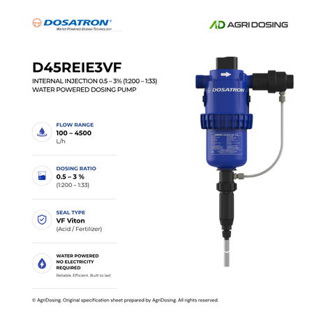 Dosatron D45REIE3VF water powered dosing pump with internal injection, 0.5-3% capacity, detailed specifications diagram