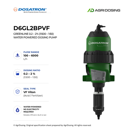 Dosatron Greenline D6GL2BPVF water powered dosing pump with detailed specifications, showing the pump's compact design and control panel.