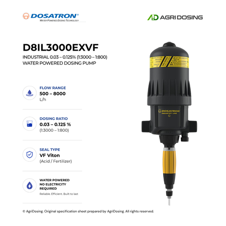 Dosatron D8IL3000EXVF industrial water powered dosing pump with ATEX certification, detailed specifications visible in the image.