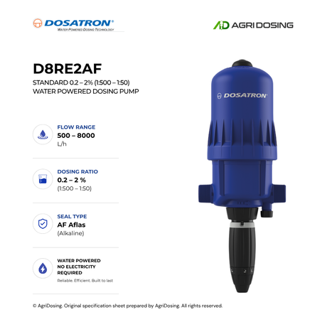 Dosatron D8RE2AF water powered dosing pump with detailed specifications, showing the pump's compact design and control panel.