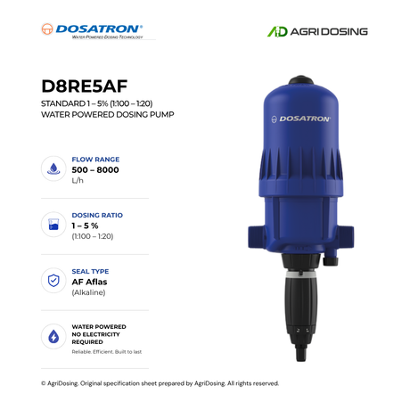 Dosatron D8RE5AF water powered dosing pump with detailed specifications, showcasing its compact design and control components.