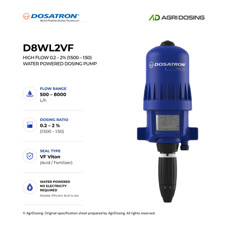 Dosatron D8WL2VF high flow water powered dosing pump with detailed specifications, showing its compact, durable design.