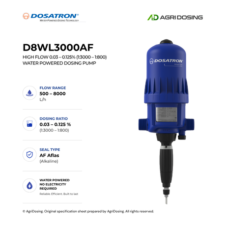 Dosatron D8WL3000AF high flow water-powered dosing pump with detailed specifications, showing control panel and pump components.