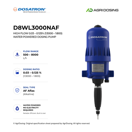 Dosatron D8WL3000NAF high flow water-powered dosing pump with detailed specifications, showing control panel and pump components.