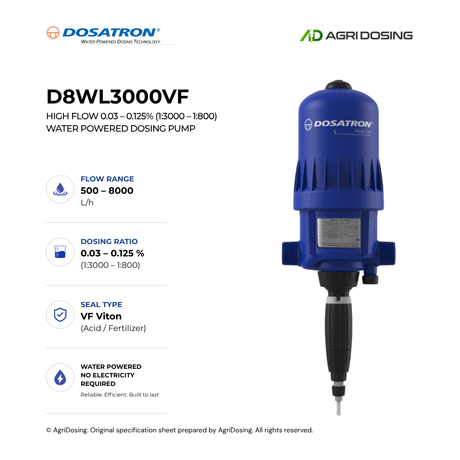 Dosatron D8WL3000VF high flow water-powered dosing pump with detailed specifications, featuring a compact design and control panel.