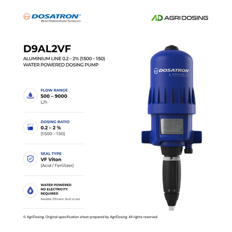 Dosatron D9AL2VF water powered dosing pump for animal line, featuring detailed specifications and compact design.