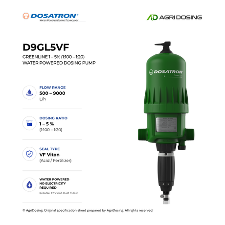 Dosatron D9GL5VF Greenline water-powered dosing pump with detailed specifications, showing the pump's compact design and control features.