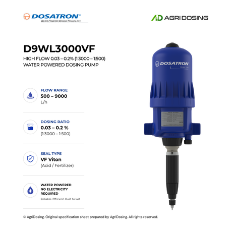 Dosatron D9WL3000VF high flow water-powered dosing pump, detailed specifications, showing model and components.