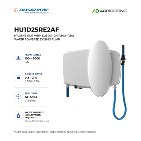 Dosatron HU1D25RE2AF hygiene unit with D25 water-powered dosing pump, showing detailed specifications and connection points.