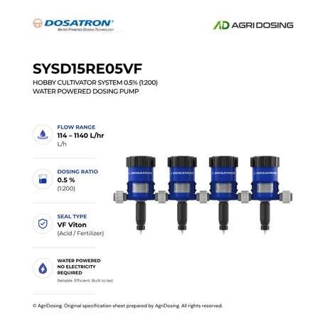 Dosatron SYSD15RE05VF water powered dosing pump system with detailed specifications, featuring a compact design and control valve.