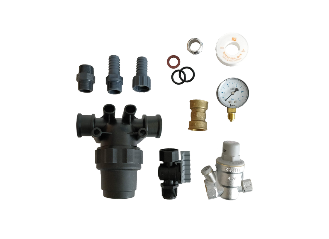 Unassembled Dosatron AKI7 protective kit accessories without wall plate, including protective covers and mounting hardware for Dosatron systems.