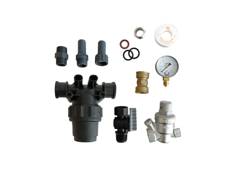 Unassembled Dosatron AKI7 protective kit accessories without wall plate, including protective covers and mounting hardware for Dosatron systems.