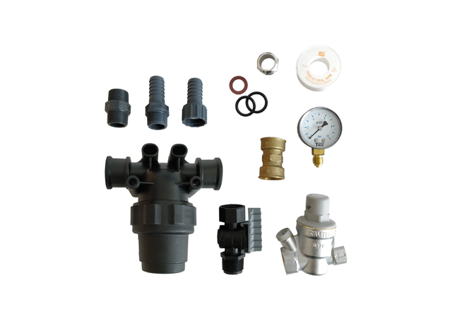 Unassembled Dosatron AKI7 protective kit accessories without wall plate, including protective covers and mounting hardware for Dosatron systems.