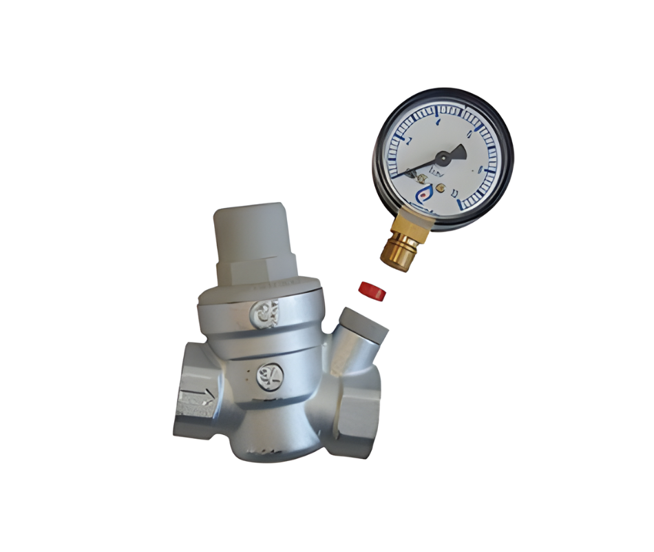 Dosatron ALP2 pressure gauge with pressure reducer attached, 3/4 inch F/F fittings, for accurate pressure monitoring and regulation.