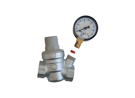 Dosatron ALP2 pressure gauge with pressure reducer attached, 3/4 inch F/F fittings, for accurate pressure monitoring and regulation.