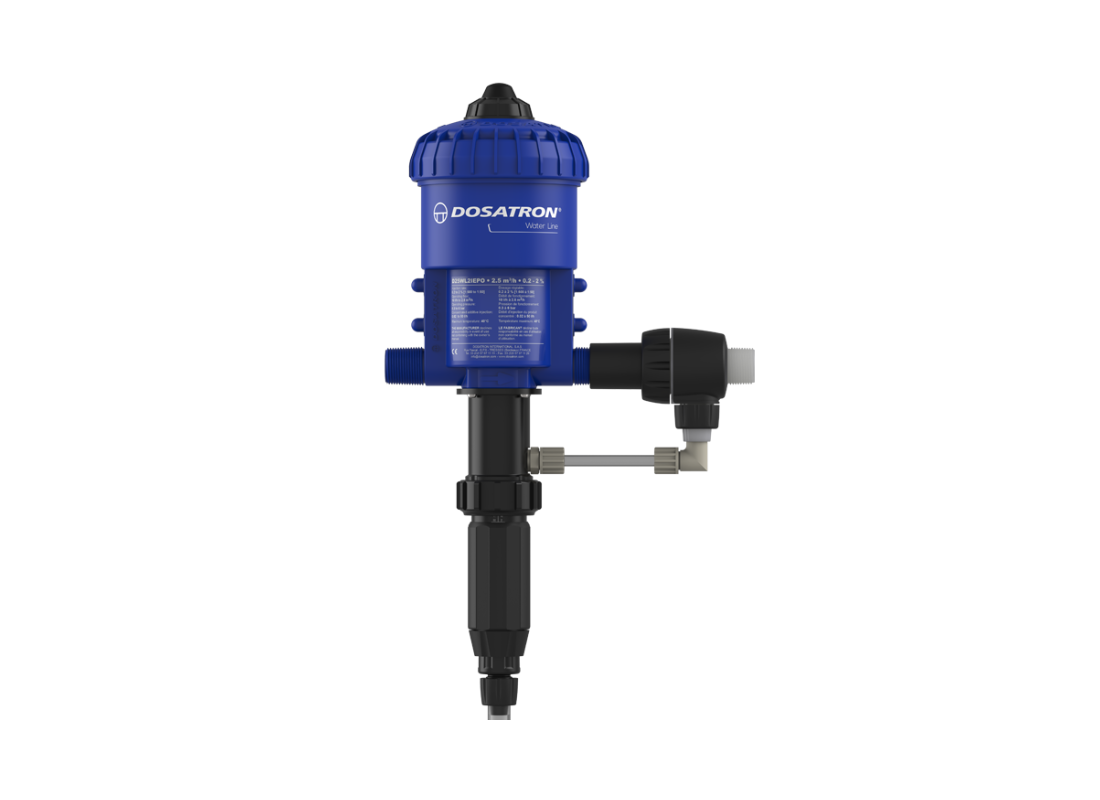 Dosatron D25WL2IEVVFPO high flow water-powered dosing pump, 0.2–2% chemical injection, used in irrigation and industrial applications.