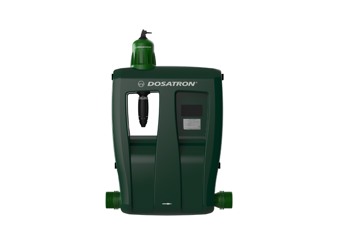 Dosatron Greenline D30GL02VF water-powered dosing pump with adjustable 0.02–0.2% chemical dose, used for precise liquid dosing.
