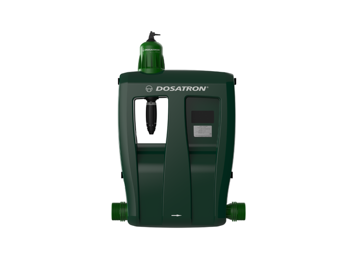 Dosatron Greenline D30GL02VF water-powered dosing pump with adjustable 0.02–0.2% chemical dose, used for precise liquid dosing.
