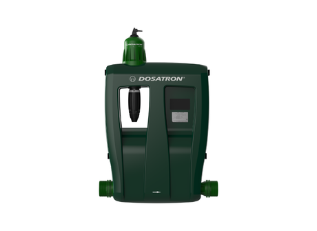 Dosatron Greenline D30GL1VF water-powered dosing pump showing compact design and control panel for precise liquid dosing.