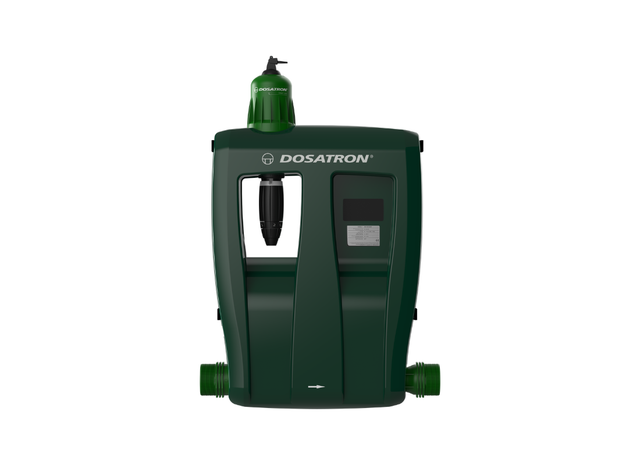 Dosatron Greenline D30GL1VF water-powered dosing pump showing compact design and control panel for precise liquid dosing.