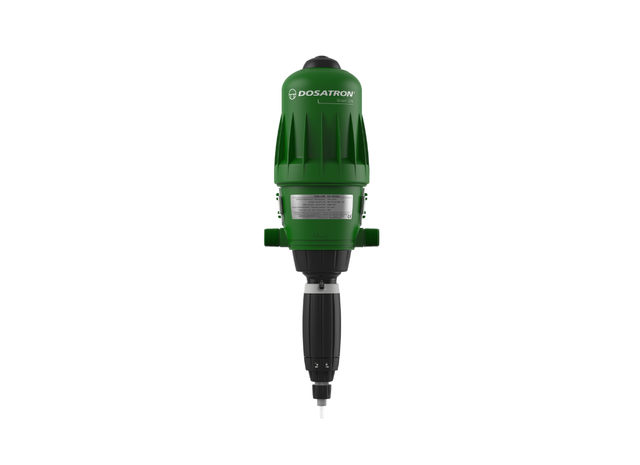 Dosatron Greenline D3GL3000VF water-powered dosing pump with adjustable 0.03–0.3% flow rate, used for precise chemical dosing.