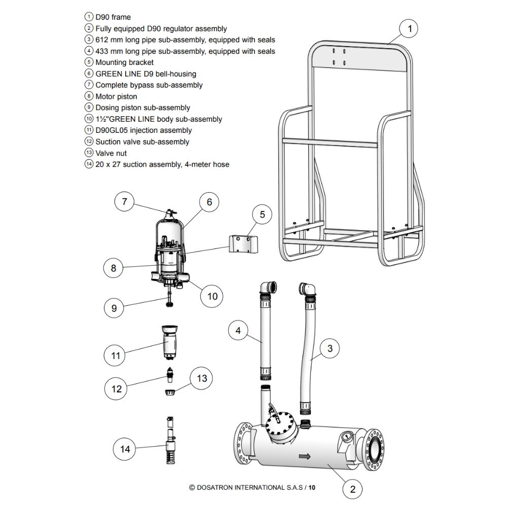 Dosatron D90GL05VF water-powered dosing pump with high capacity components, designed for precise 0.1-0.5% liquid dosing.