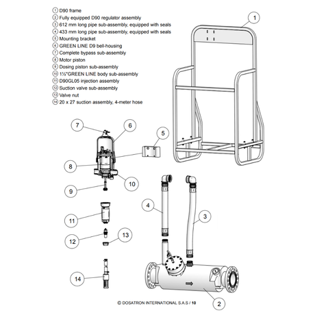 Dosatron D90GL05VF water-powered dosing pump with high capacity components, designed for precise 0.1-0.5% liquid dosing.