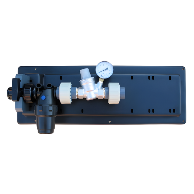 Dosatron DOSAPACK protective kit assembled on wall plate, displayed with hoses and fittings for water treatment systems.