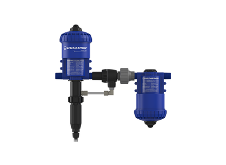 Dosatron D25WL2 IE PO polymer dosing pump with external injection, shown with connected tubing and control unit.