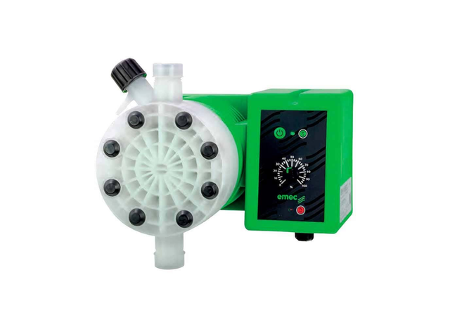 EMEC TACO 01-35-VF electronic chemical dosing pump mounted on wall, featuring self-venting design for precise chemical delivery.