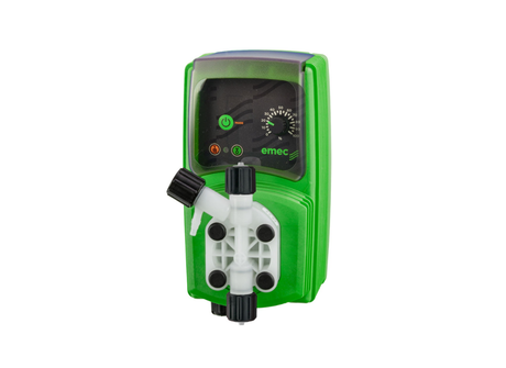 EMEC VCO 07-06-EPDM electronic chemical dosing pump mounted on wall, adjustable with control panel and EPDM seals.