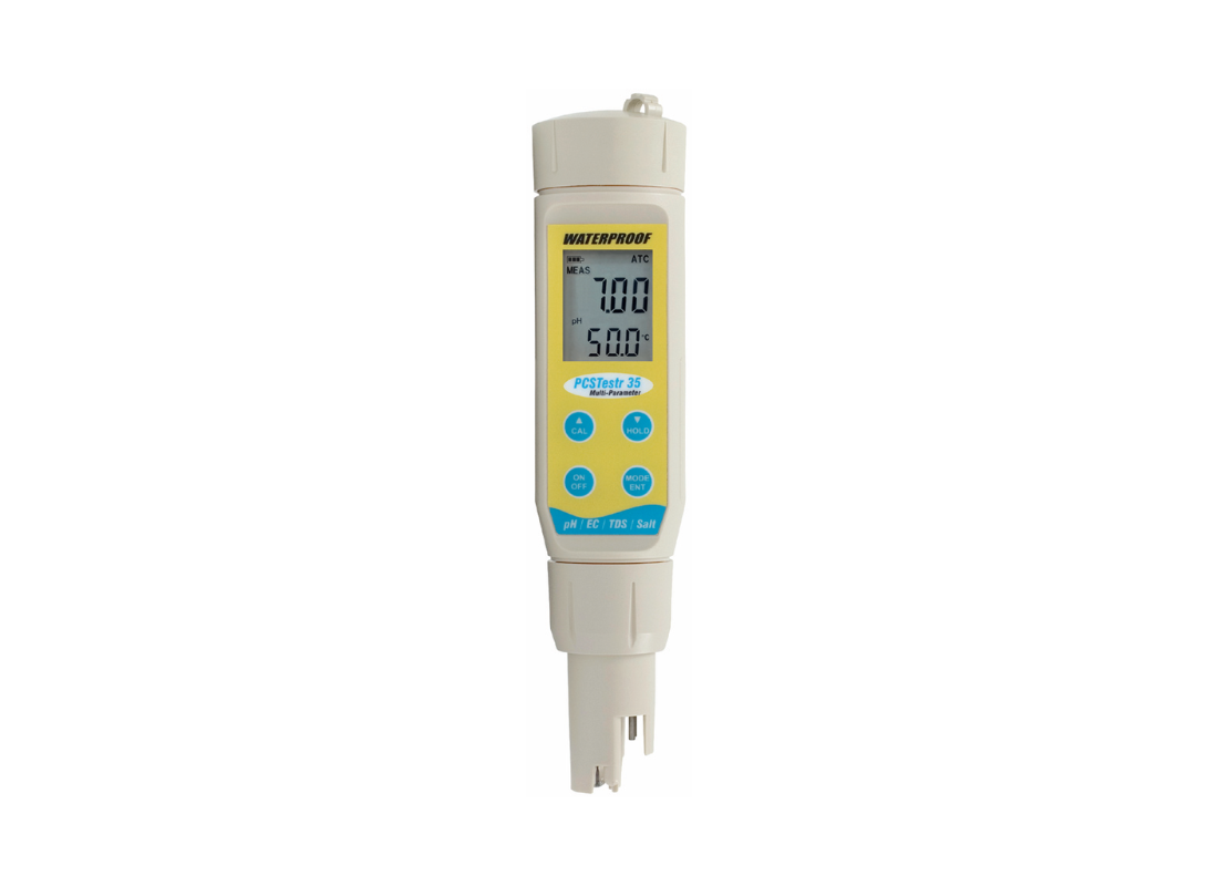 Eutech PCSTestr 35 waterproof pocket tester showing pH, EC, TDS, salinity, and temperature measurement screens.