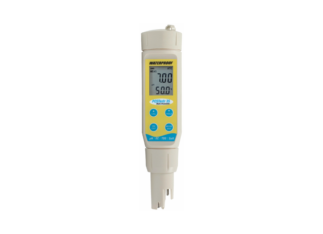Eutech PCSTestr 35 waterproof pocket tester showing pH, EC, TDS, salinity, and temperature measurement screens.