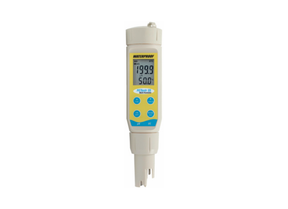 Eutech PC Testr 35 waterproof pocket tester showing pH, EC, TDS, and temperature measurement screens.