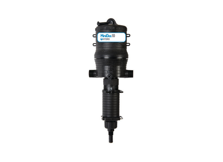 Hydro Systems MiniDos 112601A 1% water powered dosing pump shown, compact device for precise chemical dosing in water treatment systems.