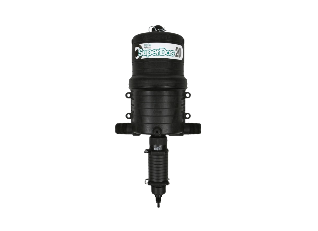 Hydro Systems SuperDos 20 water powered dosing pump with 2-10% dosing capacity, used for precise chemical injection.