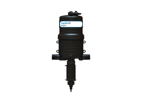 Hydro Systems SuperDos 30 water powered dosing pump with adjustable 0.4–5% flow rate, used for precise chemical dosing.